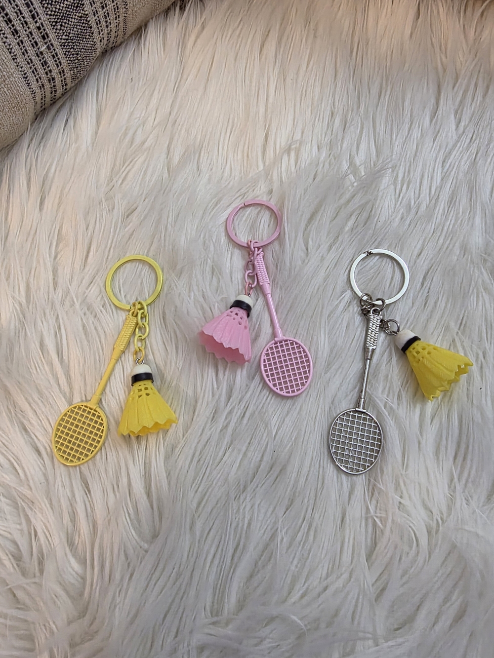 Badminton Shuttlecock & Racket Keychain Set - Yellow, Pink, Silver